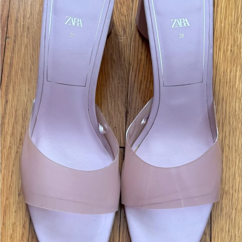 Zara Blush pink translucent front square toe block Heel sandals wedge, size 8.5